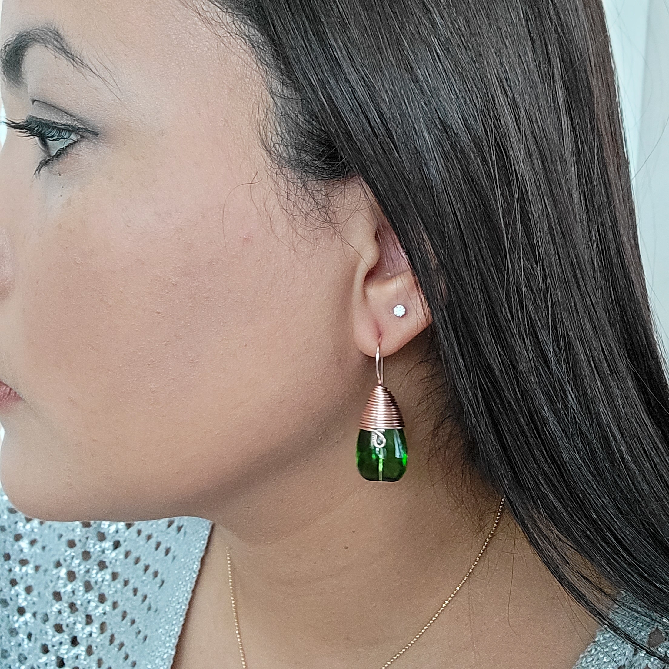 Green Glass Drop Earrings With Copper Wire Wrap - Women Jewelry